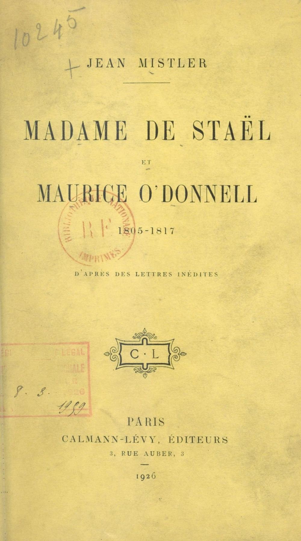 Big bigCover of Madame de Staël et Maurice O'Donnell