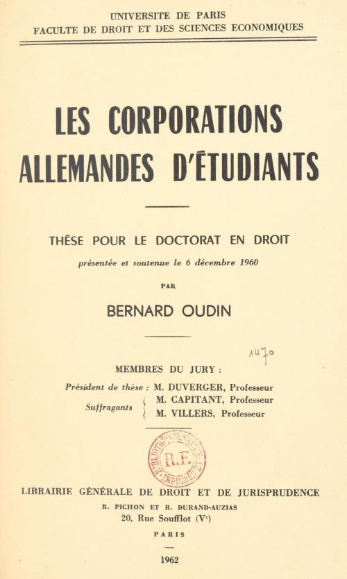 Cover of the book Les corporations allemandes d'étudiants by Bernard Oudin, FeniXX réédition numérique