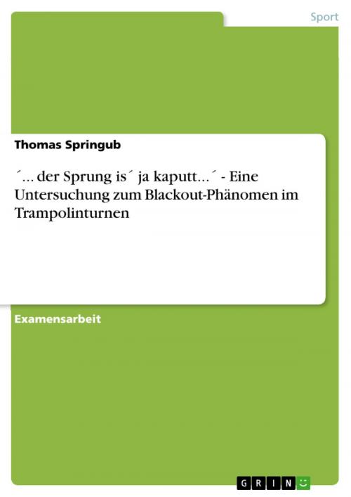 Cover of the book ´... der Sprung is´ ja kaputt...´ - Eine Untersuchung zum Blackout-Phänomen im Trampolinturnen by Thomas Springub, GRIN Verlag
