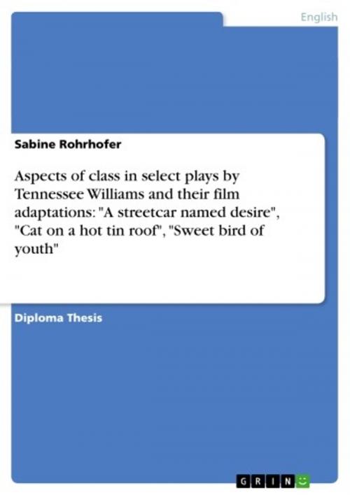 Cover of the book Aspects of class in select plays by Tennessee Williams and their film adaptations: 'A streetcar named desire', 'Cat on a hot tin roof', 'Sweet bird of youth' by Sabine Rohrhofer, GRIN Publishing