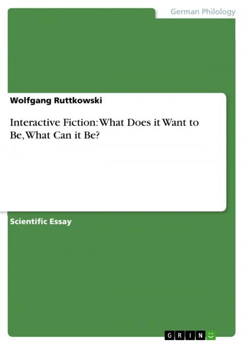 Cover of the book Interactive Fiction: What Does it Want to Be, What Can it Be? by Wolfgang Ruttkowski, GRIN Publishing