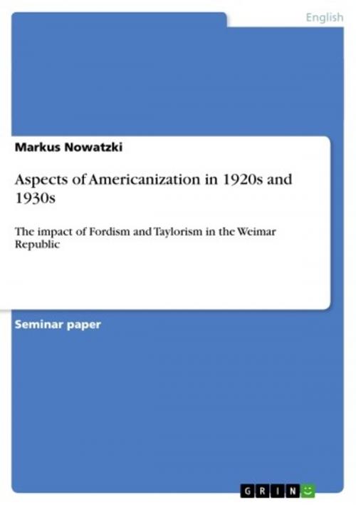 Cover of the book Aspects of Americanization in 1920s and 1930s by Markus Nowatzki, GRIN Publishing