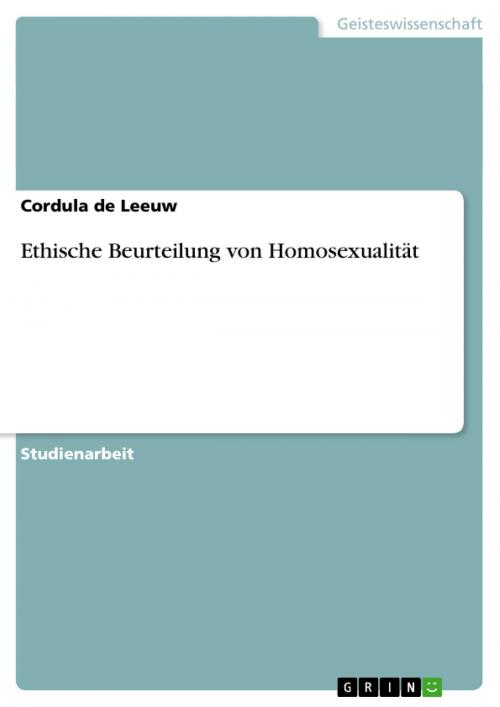 Cover of the book Ethische Beurteilung von Homosexualität by Cordula de Leeuw, GRIN Verlag