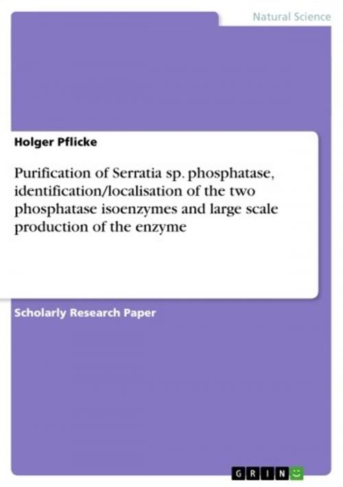 Cover of the book Purification of Serratia sp. phosphatase, identification/localisation of the two phosphatase isoenzymes and large scale production of the enzyme by Holger Pflicke, GRIN Publishing
