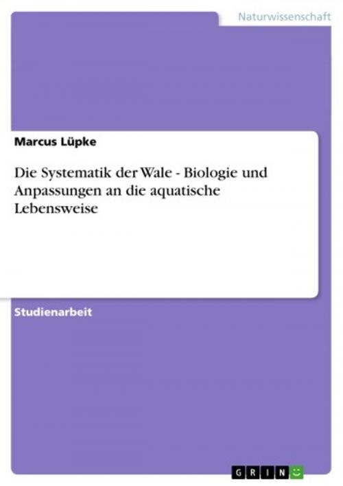 Cover of the book Die Systematik der Wale - Biologie und Anpassungen an die aquatische Lebensweise by Marcus Lüpke, GRIN Verlag