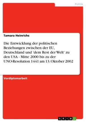 Cover of the book Die Entwicklung der politischen Beziehungen zwischen der EU, Deutschland und 'dem Rest der Welt' zu den USA - Mitte 2000 bis zu der UNO-Resolution 1441 am 13. Oktober 2002 by Marina Schmidt