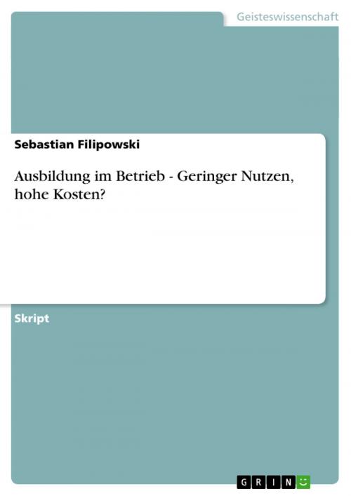 Cover of the book Ausbildung im Betrieb - Geringer Nutzen, hohe Kosten? by Sebastian Filipowski, GRIN Verlag