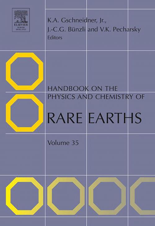 Cover of the book Handbook on the Physics and Chemistry of Rare Earths by Vitalij K. Pecharsky, Karl A. Gschneidner, B.S. University of Detroit 1952<br>Ph.D. Iowa State University 1957, Jean-Claude G. Bunzli, Diploma in chemical engineering (EPFL, 1968)<br>PhD in inorganic chemistry (EPFL 1971), Elsevier Science