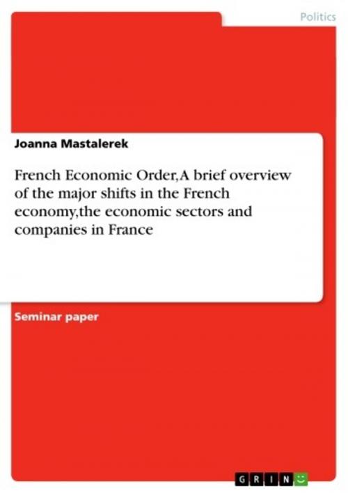 Cover of the book French Economic Order, A brief overview of the major shifts in the French economy,the economic sectors and companies in France by Joanna Mastalerek, GRIN Publishing