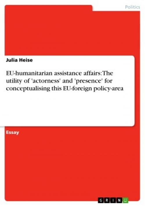 Cover of the book EU-humanitarian assistance affairs: The utility of 'actorness' and 'presence' for conceptualising this EU-foreign policy-area by Julia Heise, GRIN Publishing
