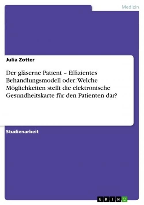 Cover of the book Der gläserne Patient - Effizientes Behandlungsmodell oder: Welche Möglichkeiten stellt die elektronische Gesundheitskarte für den Patienten dar? by Julia Zotter, GRIN Verlag