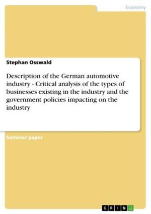 Cover of the book Description of the German automotive industry - Critical analysis of the types of businesses existing in the industry and the government policies impacting on the industry by Anna Fedorova