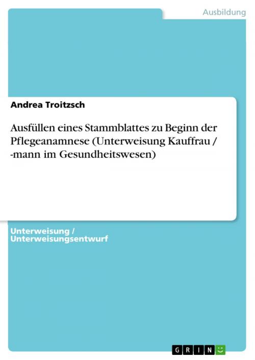 Cover of the book Ausfüllen eines Stammblattes zu Beginn der Pflegeanamnese (Unterweisung Kauffrau / -mann im Gesundheitswesen) by Andrea Troitzsch, GRIN Verlag