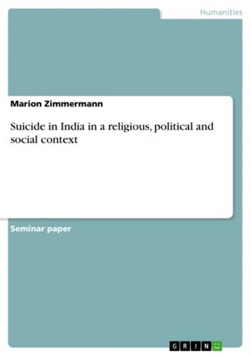 Cover of the book Suicide in India in a religious, political and social context by Marion Zimmermann, GRIN Publishing