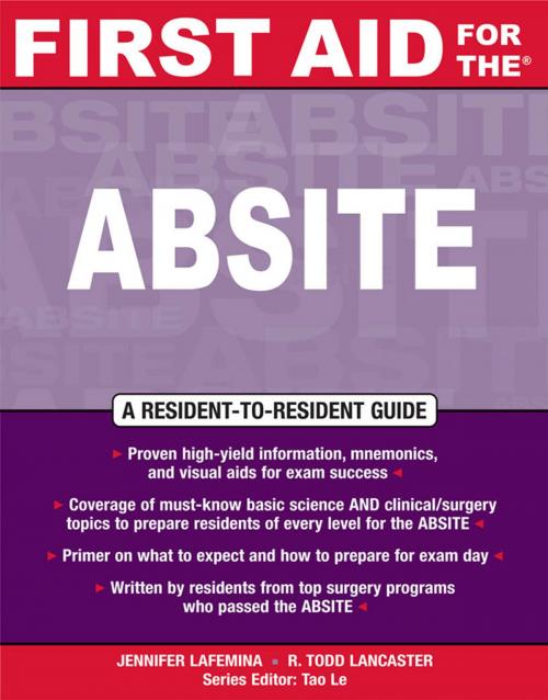 Cover of the book First Aid for the® ABSITE by Jennifer LaFemina, R. Todd Lancaster, McGraw-Hill Education