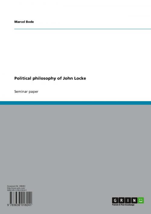 Cover of the book Political philosophy of John Locke by Marcel Bode, GRIN Publishing