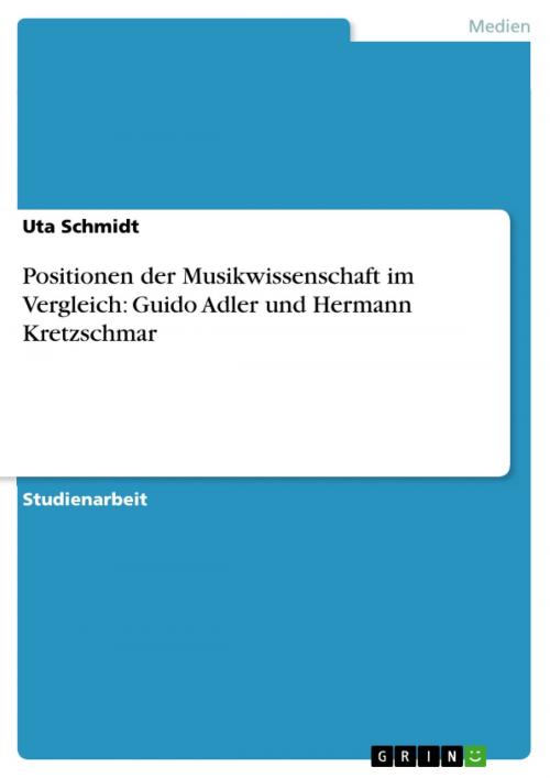 Cover of the book Positionen der Musikwissenschaft im Vergleich: Guido Adler und Hermann Kretzschmar by Uta Schmidt, GRIN Verlag