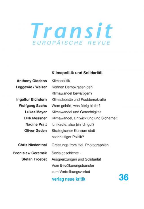 Cover of the book Transit 36. Europäische Revue by Anthony Giddens, Lukas Meyer, Stefan Troebst, Krzysztof Michalski, Klaus Nellen, Verlag Neue Kritik