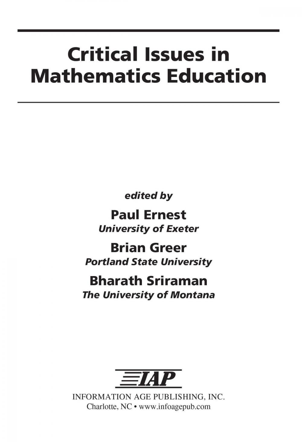 Big bigCover of Critical Issues in Mathematics Education