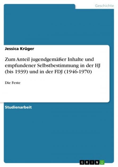 Cover of the book Zum Anteil jugendgemäßer Inhalte und empfundener Selbstbestimmung in der HJ (bis 1939) und in der FDJ (1946-1970) by Jessica Krüger, GRIN Verlag