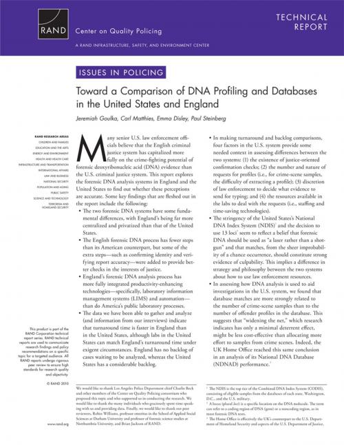 Cover of the book Toward a Comparison of DNA Profiling and Databases in the United States and England by Jeremiah Goulka, Carl Matthies, Emma Disley, Paul Steinberg, RAND Corporation