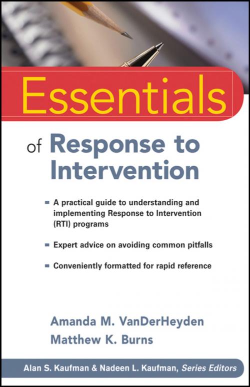 Cover of the book Essentials of Response to Intervention by Amanda M. VanDerHeyden, Matthew K. Burns, Wiley