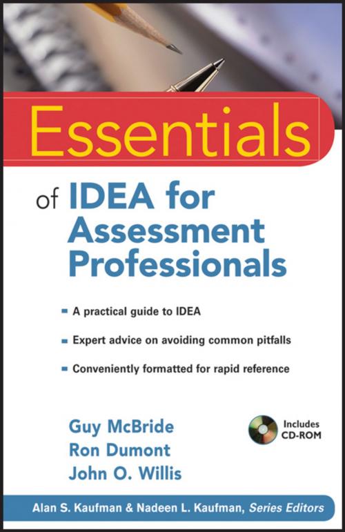 Cover of the book Essentials of IDEA for Assessment Professionals by Guy McBride, Ron Dumont, John O. Willis, Alan S. Kaufman, Nadeen L. Kaufman, Wiley