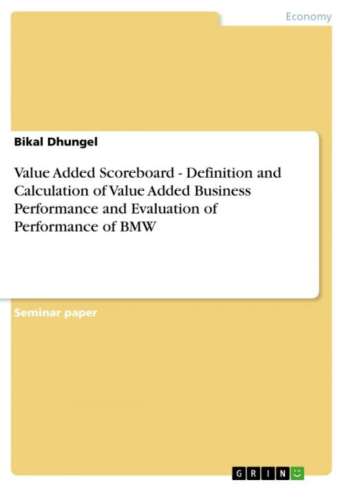 Cover of the book Value Added Scoreboard - Definition and Calculation of Value Added Business Performance and Evaluation of Performance of BMW by Bikal Dhungel, GRIN Publishing