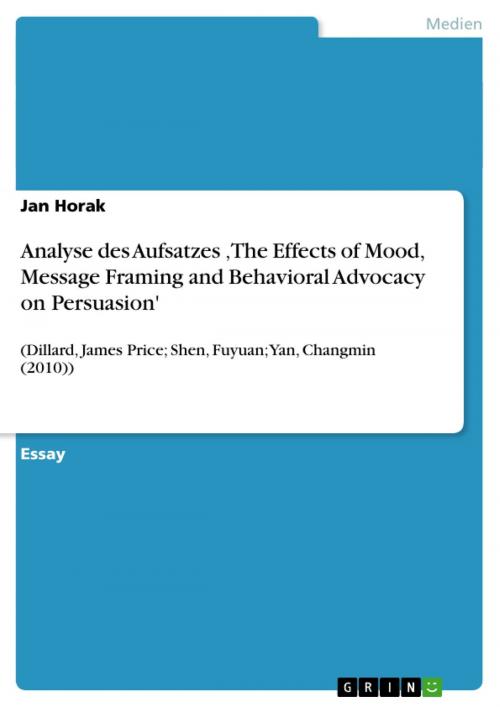 Cover of the book Analyse des Aufsatzes 'The Effects of Mood, Message Framing and Behavioral Advocacy on Persuasion' by Jan Horak, GRIN Verlag
