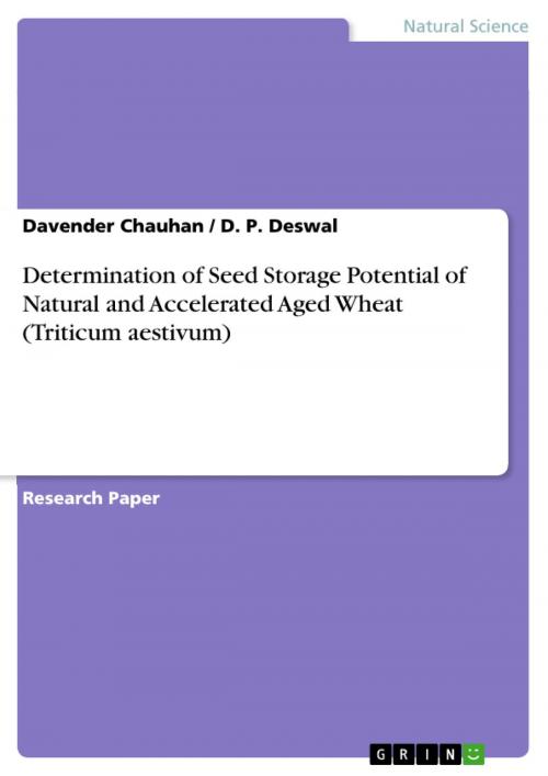 Cover of the book Determination of Seed Storage Potential of Natural and Accelerated Aged Wheat (Triticum aestivum) by D. P. Deswal, Davender Chauhan, GRIN Verlag