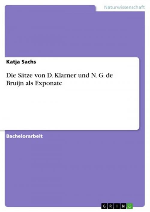 Cover of the book Die Sätze von D. Klarner und N. G. de Bruijn als Exponate by Katja Sachs, GRIN Verlag