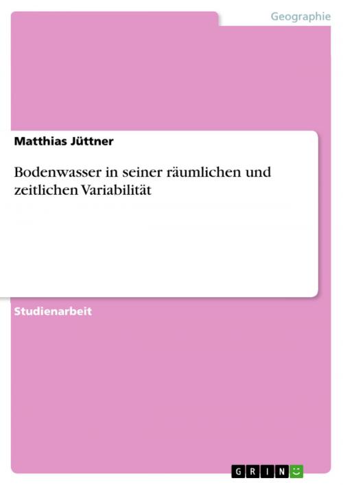 Cover of the book Bodenwasser in seiner räumlichen und zeitlichen Variabilität by Matthias Jüttner, GRIN Verlag