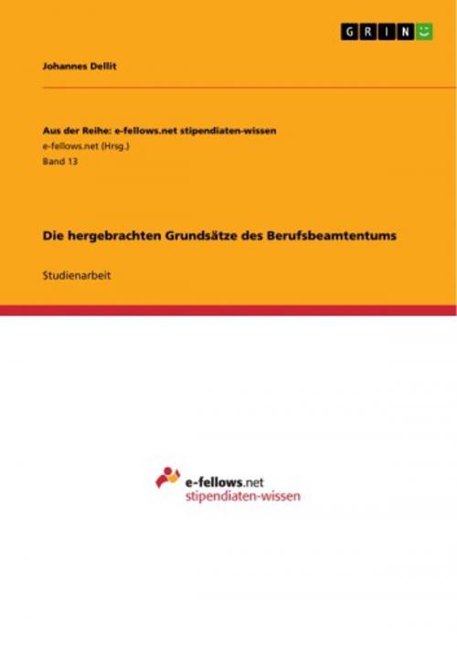 Cover of the book Die hergebrachten Grundsätze des Berufsbeamtentums by Johannes Dellit, GRIN Verlag