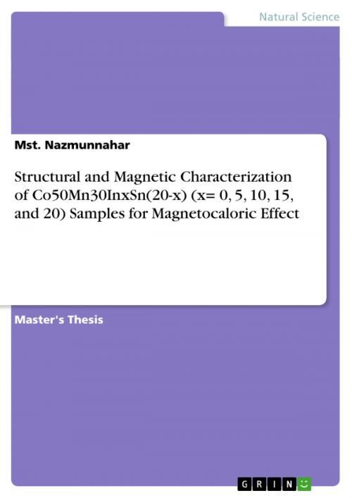 Cover of the book Structural and Magnetic Characterization of Co50Mn30InxSn(20-x) (x= 0, 5, 10, 15, and 20) Samples for Magnetocaloric Effect by Mst. Nazmunnahar, GRIN Verlag