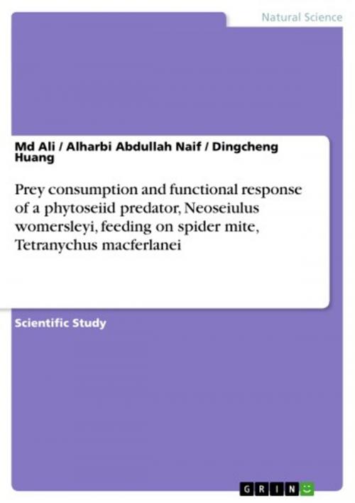 Cover of the book Prey consumption and functional response of a phytoseiid predator, Neoseiulus womersleyi, feeding on spider mite, Tetranychus macferlanei by Md Ali, Alharbi Abdullah Naif, Dingcheng Huang, GRIN Publishing