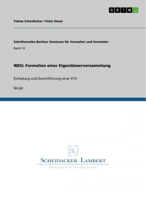 Cover of the book WEG: Formalien einer Eigentümerversammlung by Tobias Scheidacker, Peter Hesse, GRIN Verlag