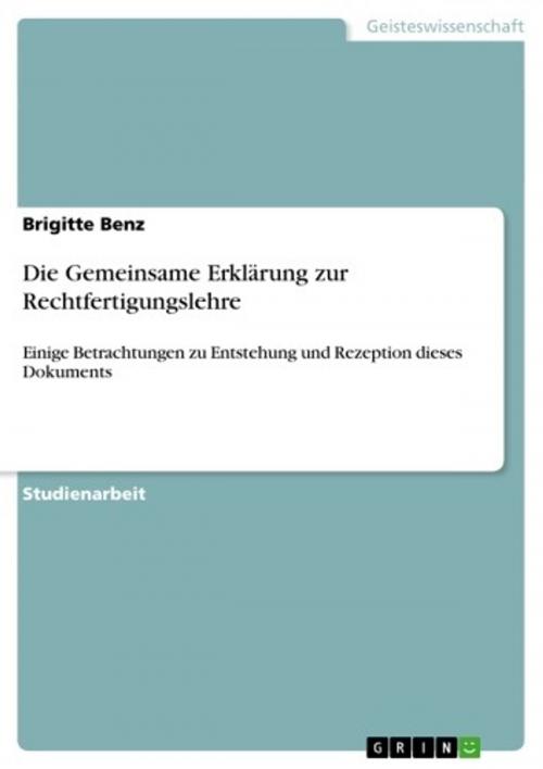 Cover of the book Die Gemeinsame Erklärung zur Rechtfertigungslehre by Brigitte Benz, GRIN Verlag