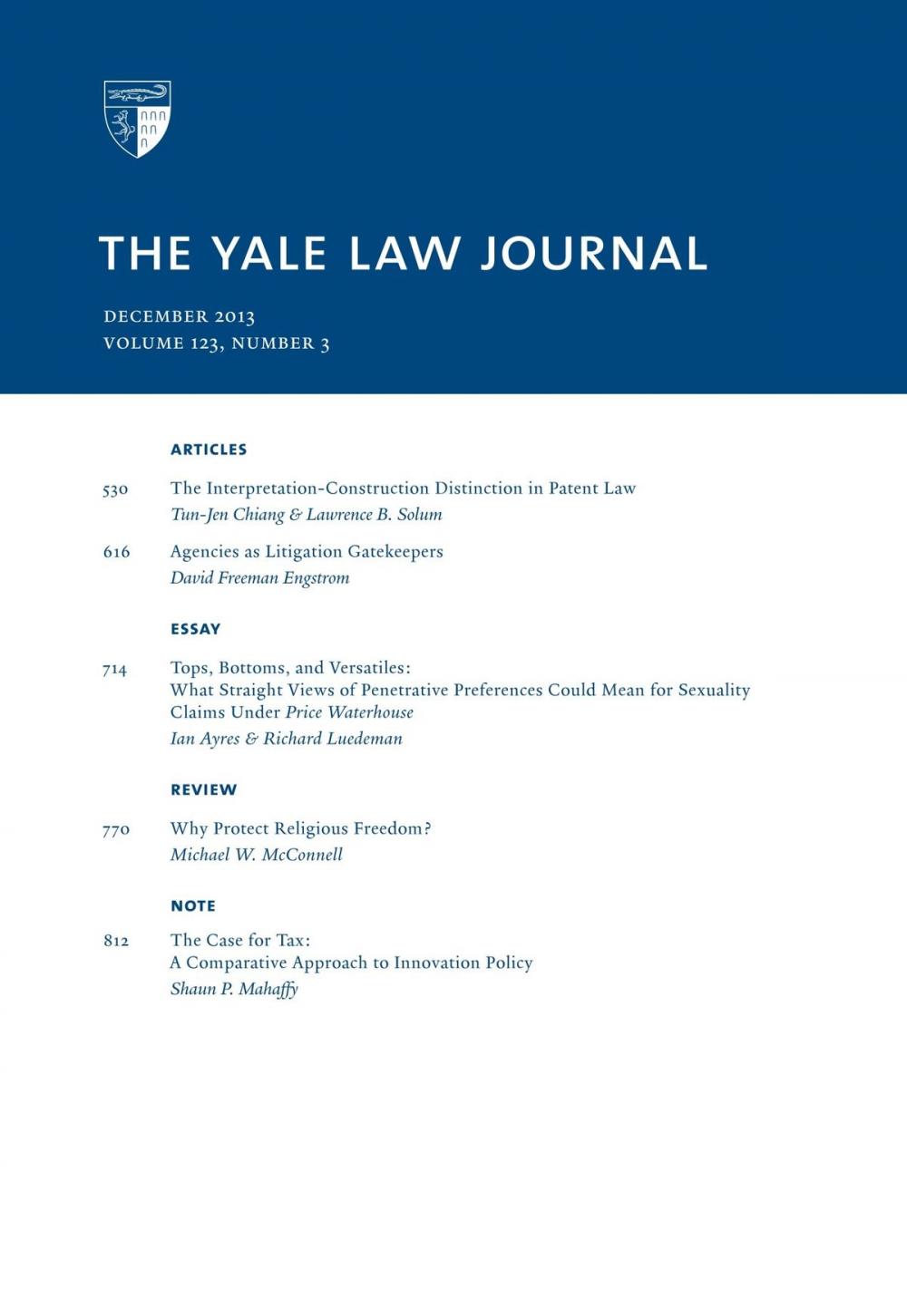 Big bigCover of Yale Law Journal: Volume 123, Number 3 - December 2013