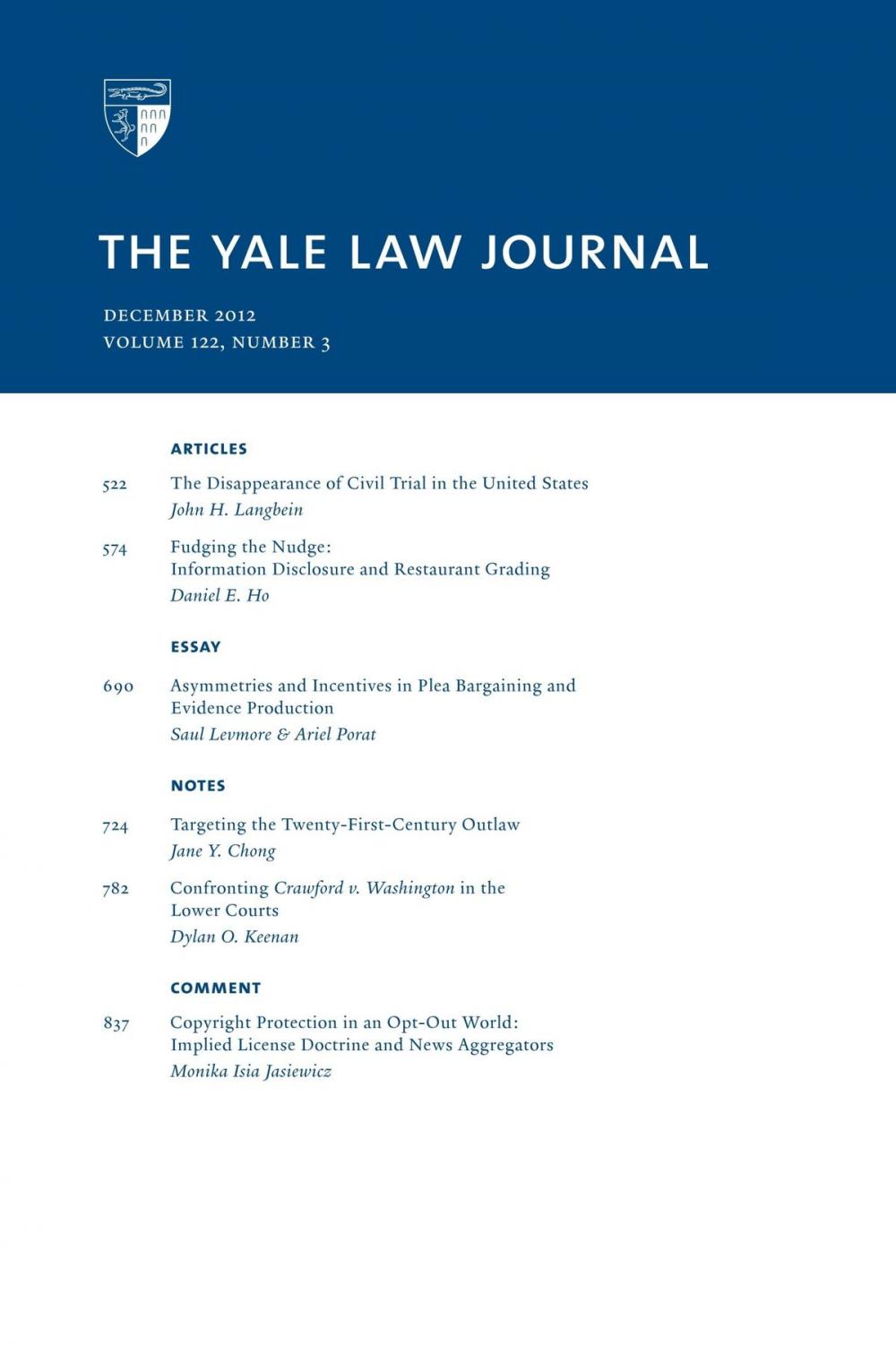 Big bigCover of Yale Law Journal: Volume 122, Number 3 - December 2012
