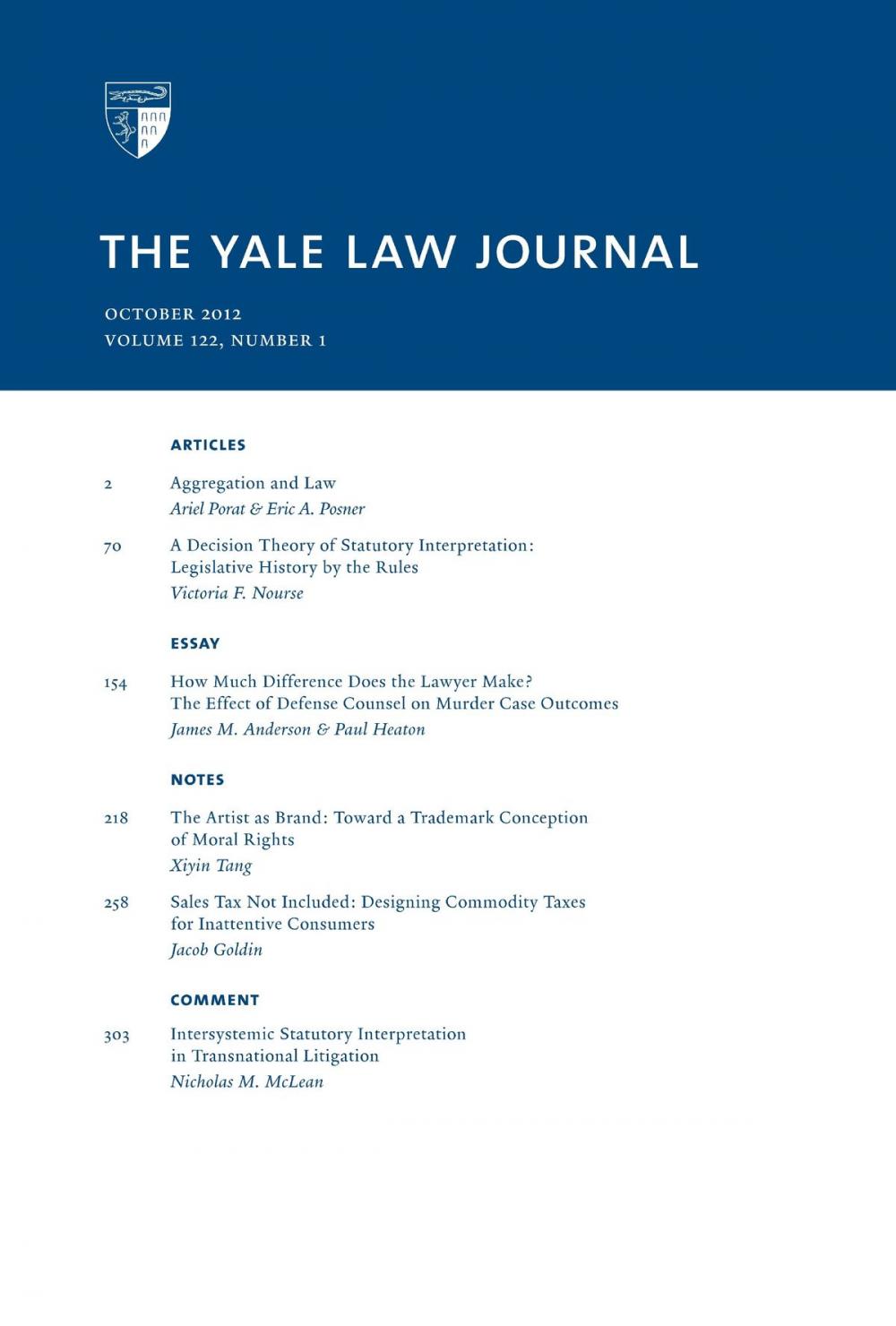 Big bigCover of Yale Law Journal: Volume 122, Number 1 - October 2012