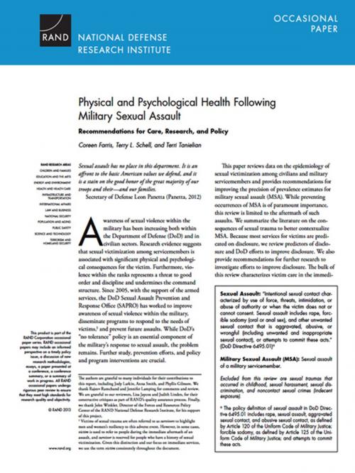 Cover of the book Physical and Psychological Health Following Military Sexual Assault by Coreen Farris, Terry L. Schell, Terri Tanielian, RAND Corporation