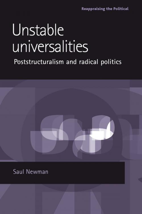 Cover of the book Unstable universalities by Saul Newman, Manchester University Press