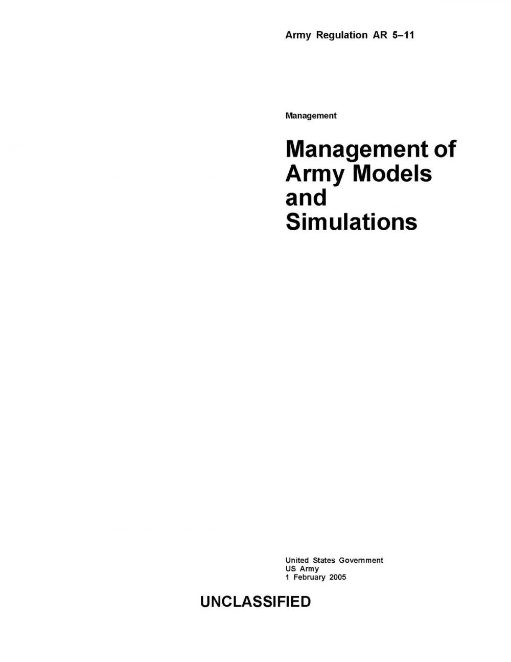 Big bigCover of Army Regulation AR 5-11 Management of Army Models and Simulations