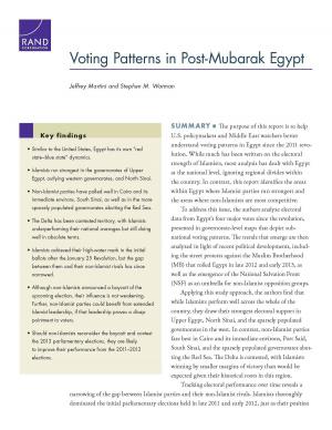 Cover of the book Voting Patterns in Post-Mubarak Egypt by Robert J. Lempert, Drake Warren, Ryan Henry, Robert W. Button, Jonathan Klenk, Kate Giglio