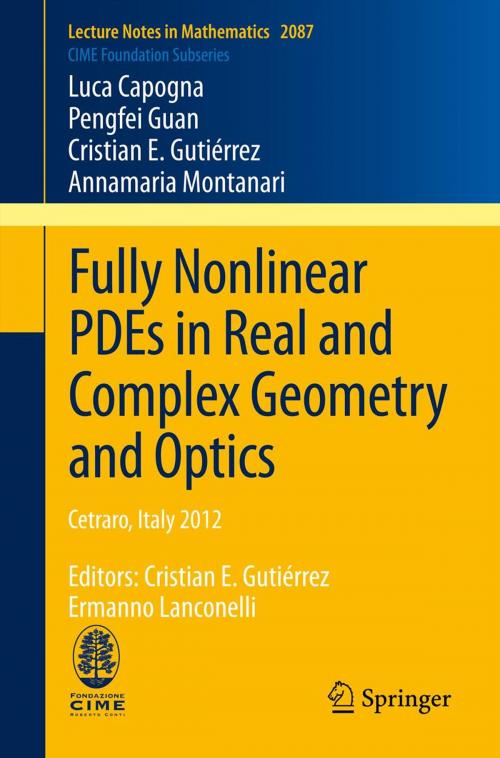 Cover of the book Fully Nonlinear PDEs in Real and Complex Geometry and Optics by Luca Capogna, Pengfei Guan, Cristian E. Gutiérrez, Annamaria Montanari, Ermanno Lanconelli, Cristian E. Gutiérrez, Springer International Publishing