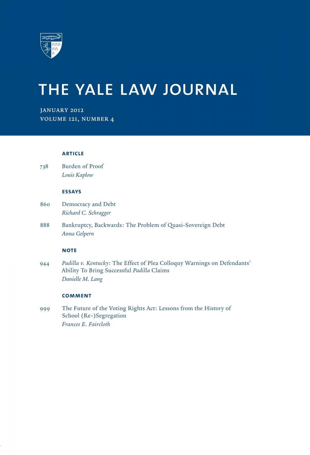 Big bigCover of Yale Law Journal: Volume 121, Number 4 - January 2012