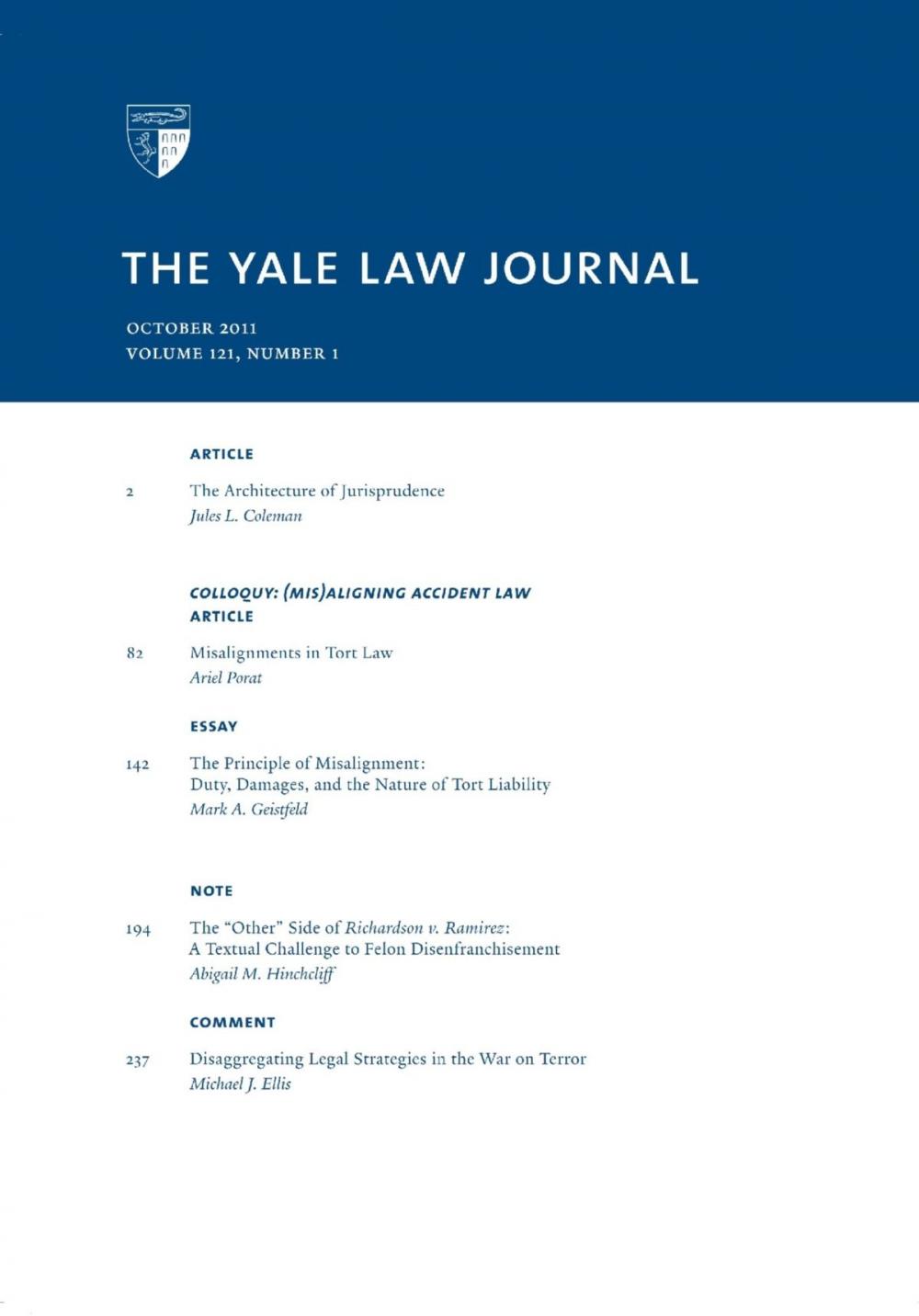 Big bigCover of Yale Law Journal: Volume 121, Number 1 - October 2011