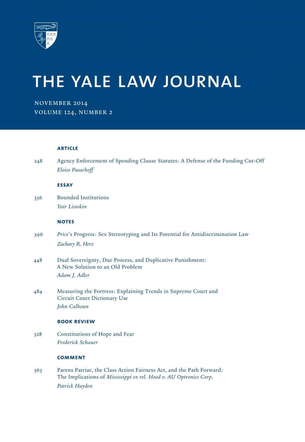 Big bigCover of Yale Law Journal: Volume 124, Number 2 - November 2014