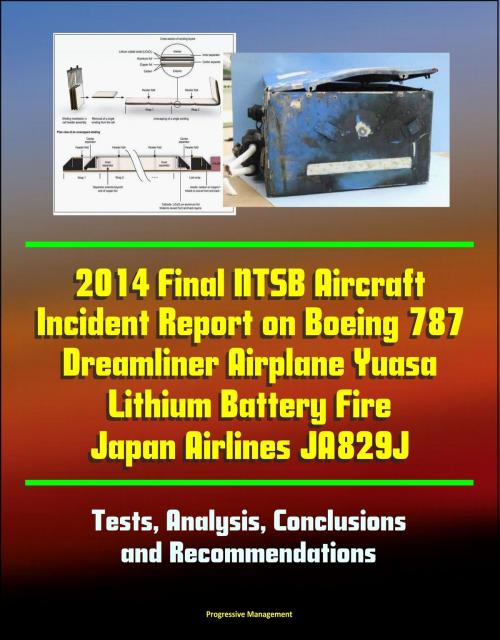 Cover of the book 2014 Final NTSB Aircraft Incident Report on Boeing 787 Dreamliner Airplane Yuasa Lithium Battery Fire Japan Airlines JA829J: Tests, Analysis, Conclusions and Recommendations by Progressive Management, Progressive Management
