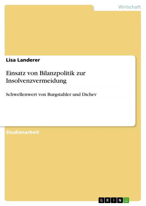Cover of the book Einsatz von Bilanzpolitik zur Insolvenzvermeidung by Lisa Landerer, GRIN Verlag